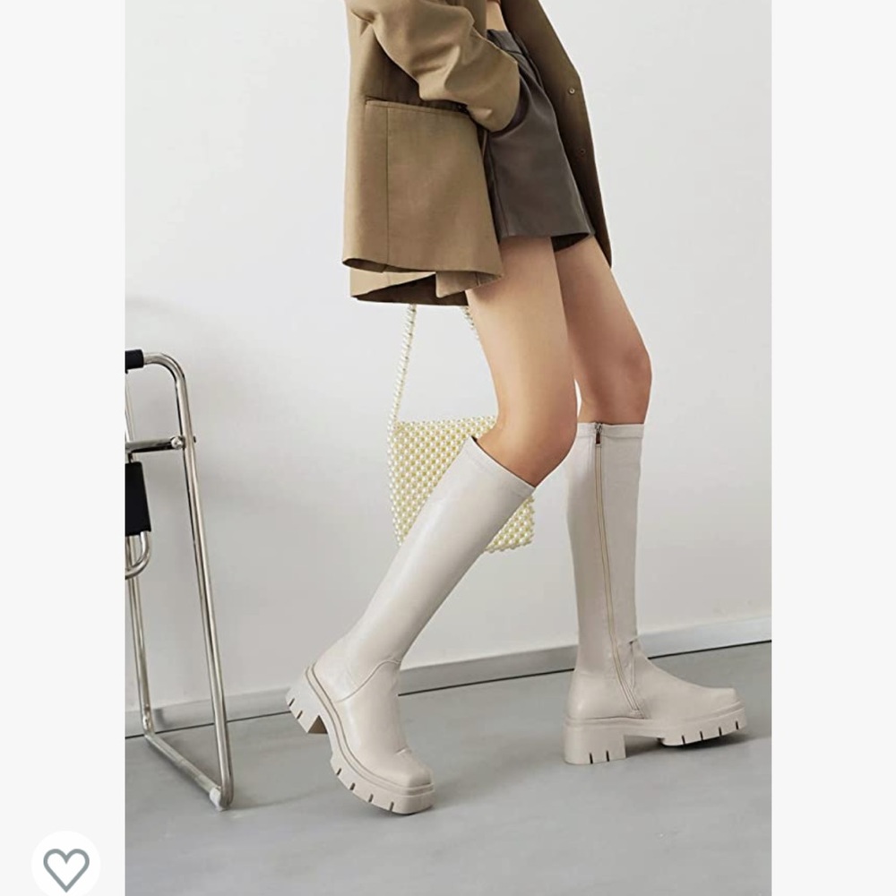Knee high faux leather cream boots